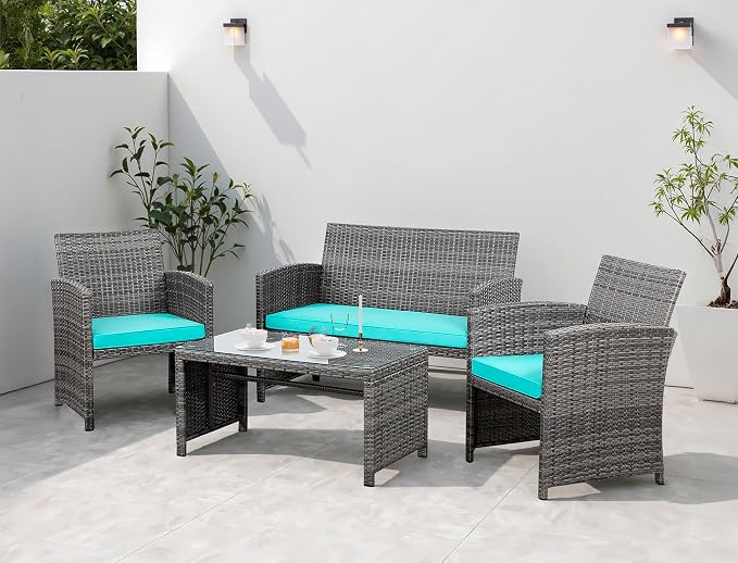 4 Piece Patio Ratten Set Outdoor Furniture Set Wicker Conversation Set by Shintenchi