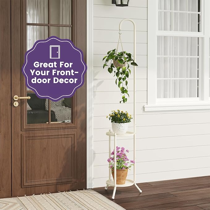 2-Tier Metal Plant Stand with Hanging Hook, Indoor Outdoor Plant Shelf - Image 7