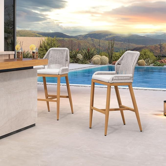 PURPLE LEAF Bar Stools Set of 2 Outdoor Bar Height Metal Stools Modern Wicker by PURPLELEAF