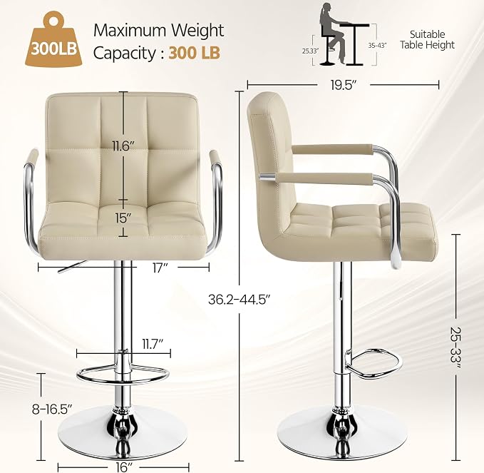 Yaheetech Bar Stools Set of 2, PU Leather Adjustable Swivel Barstools, - Image 3