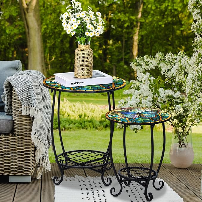 2 Pcs Outdoor Side Table Small Patio Round Mosaic Accent Indoor End Table Plant - Image 5