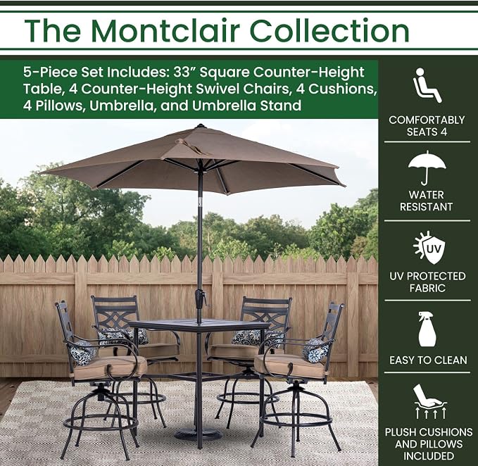 Hanover Montclair 5-Piece All-Weather Outdoor Patio High Dining Set, 4 Swivel - Image 3