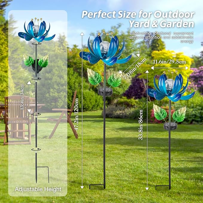 Solar Garden Lights Metal Flower Decor, Colorful Lotus Pathway Spinning Windmill - Image 3