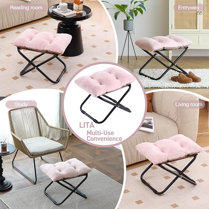 LITA Folding Footrest Stool, Portable Ottoman Foot Rest, Upholstered Small - Image 7