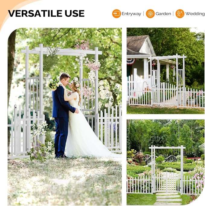 VINGLI Garden Arbor with Gate and Fence, PVC Wedding Arch - Image 2