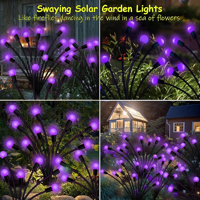 Kohlrabi Solar Garden Lights Outdoor, 10 Pack 80 LED Solar Purple Firefly - Image 5