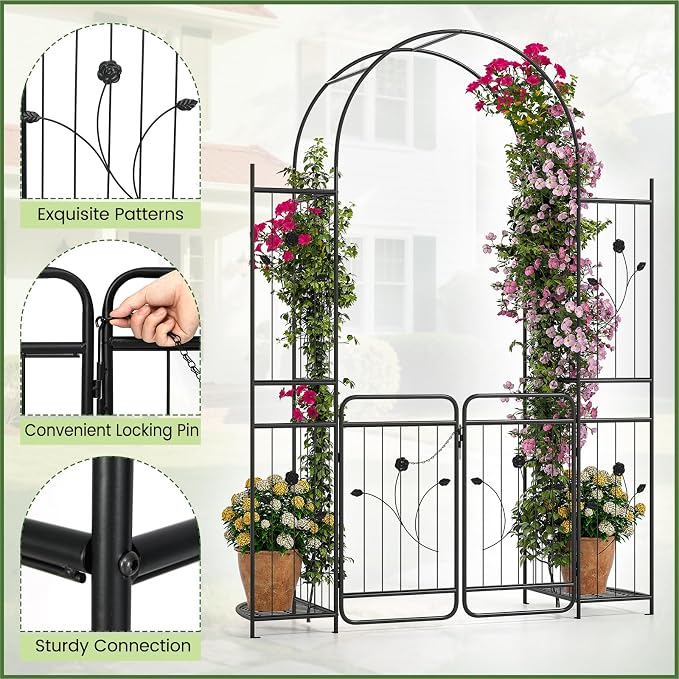 IRONMAX 87" Garden Arch with Gate & Planter Shelves, Heavy Duty Metal Arbor - Image 7