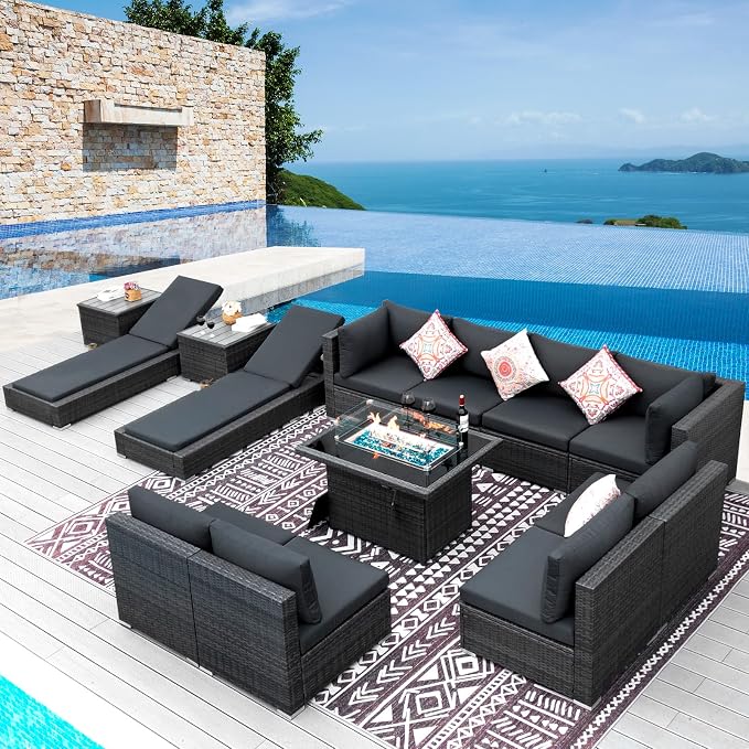 NICESOUL 13 Piece Outdoor Sectional w/Fire Pit Table, Luxury Modular Patio by NICESOUL