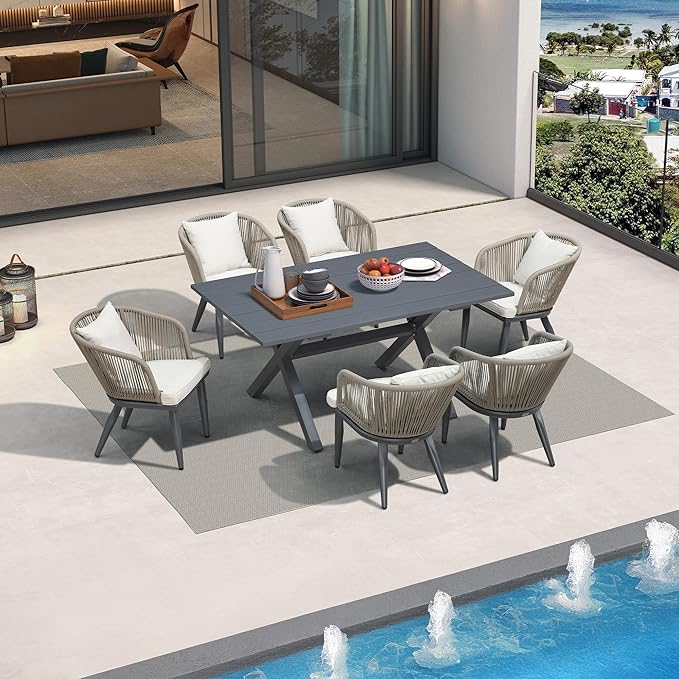 PURPLE LEAF 7 Pieces Patio Dining Set Wicker Outdoor Furniture Rectangular - Image 2