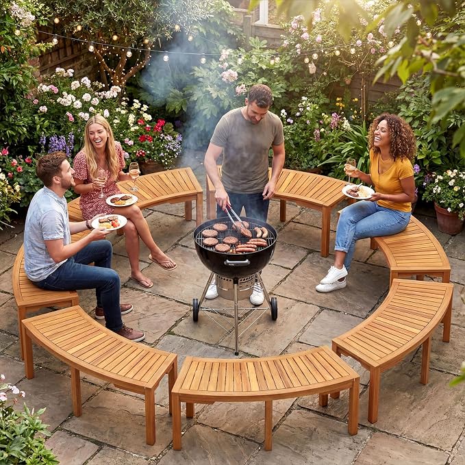 Tangkula Outdoor Curved Bench, Acacia Wood Fire Pit Bench w/Slatted Seat - Image 2