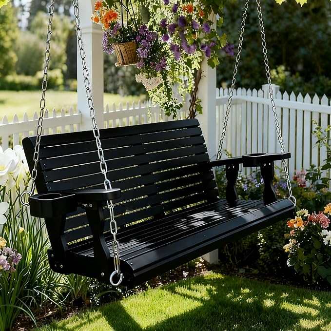 Wooden Porch Swing 2-Seater, High Backrest and Deep Seat, Bench Swing - Image 2