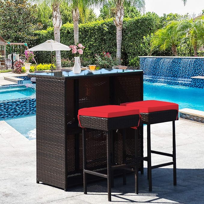 HAPPYGRILL 3-Piece Patio Bar Set Rattan Wicker Bar Stools & Table - Image 2