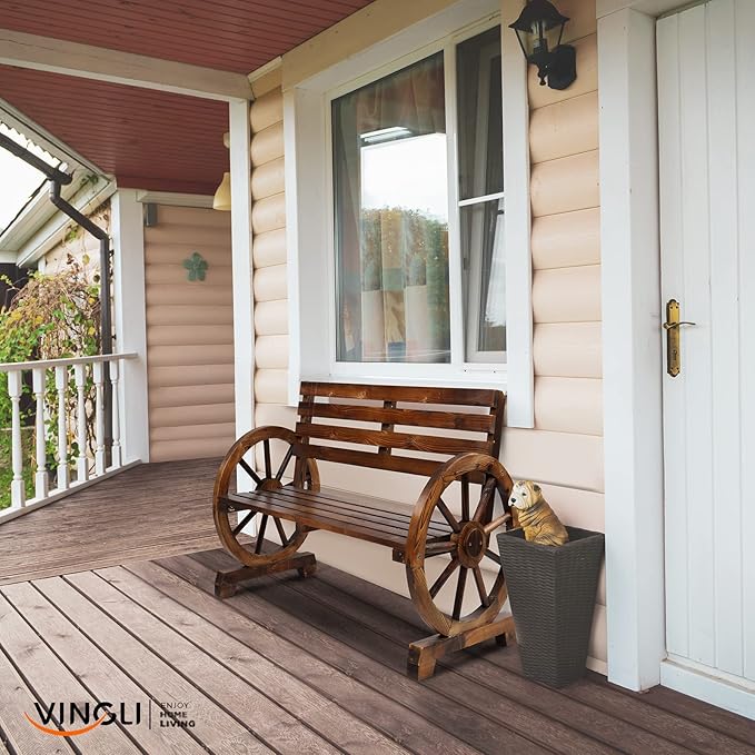 VINGLI Rustic Wooden Wheel Bench Outdoor Bench, Patio Bench Wagon Slatted Seat - Image 2
