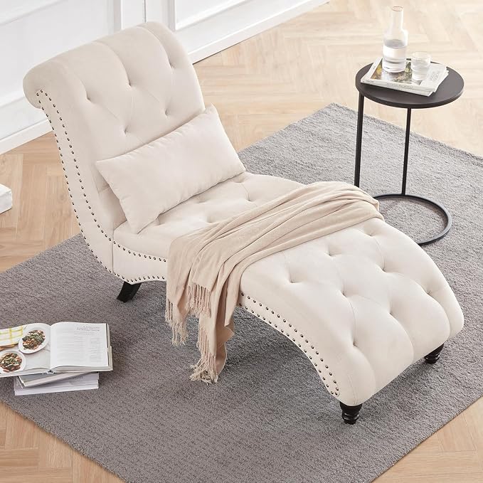 Tufted Soft Chaise Lounge Indoor, Linen Rivets Chaise Lounge Chair - Image 3