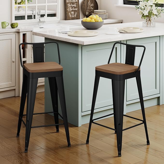 Bar Stools Set of 2 Metal Bar Stool Counter Height Bar Stools 26" Black Modern - Image 4