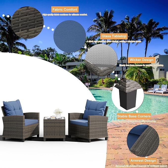 Shintenchi 3 Pieces Patio Furniture Set 3 Pieces PE Rattan Wicker Chairs - Image 6
