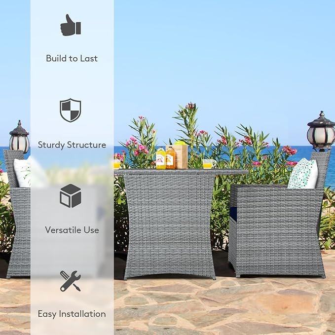 Tangkula 3 Pieces Patio Dining Set, Patiojoy Space-Saving PE Rattan Bistro Set - Image 9