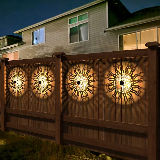 4 Pack Solar Fence Lights Metal Solar Powered Outdoor Wall Deck Lights Sun Moon - Image 3