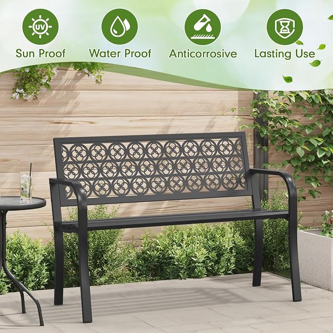 44" Outdoor Garden Bench, Iron Metal Frame Patio Bench - Image 3
