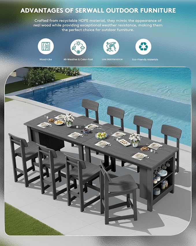 SERWALL 3-Piece Outdoor Counter Height Bar Set, HDPE Patio Bar Table - Image 9