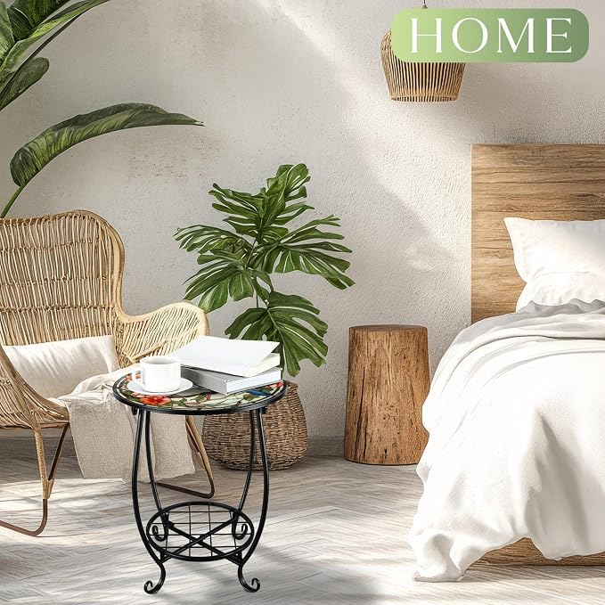 Outdoor Side Table Round Small Mosaic Patio Accent Indoor End Plant Coffee Tea - Image 5