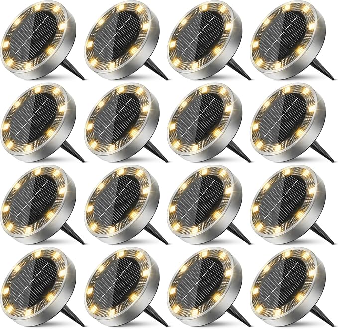 16 Pack Solar Ground Lights Outdoor, 8 LED Mini Flat Solar Disk Lights by Unknown