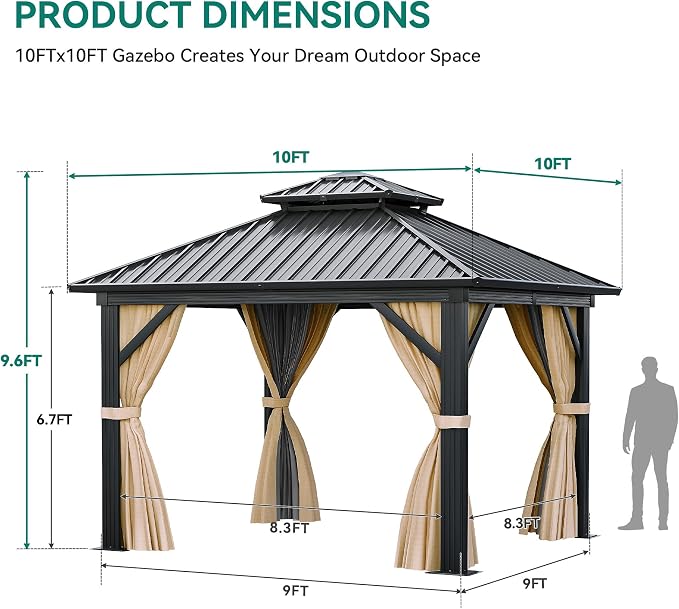YITAHOME 10x10ft Gazebo Hardtop Double Roof Canopy w/Netting and Curtains - Image 7