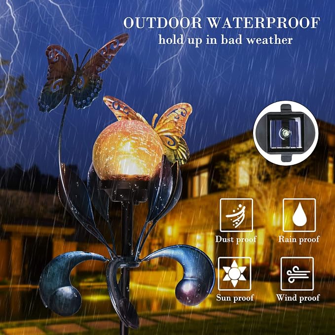 VCUTEKA Solar Lights Outdoor Metal Garden Stake Waterproof Crackle Glass Globe - Image 3