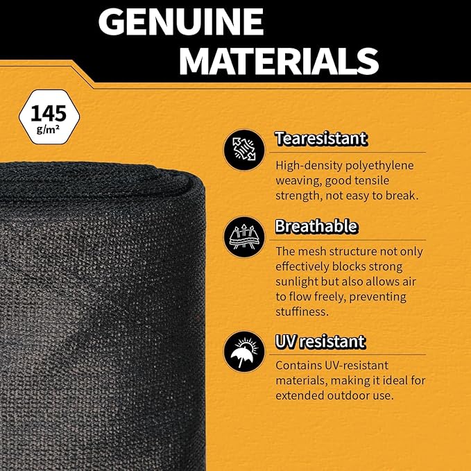 90% Black Sun Shade Cloth with Grommets 6x8 FT, 145GSM Heavy-Duty HDPE Mesh - Image 3