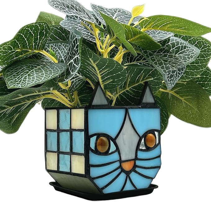 Stained Glass Blue Cat Planter, Plant pots by Entlityful