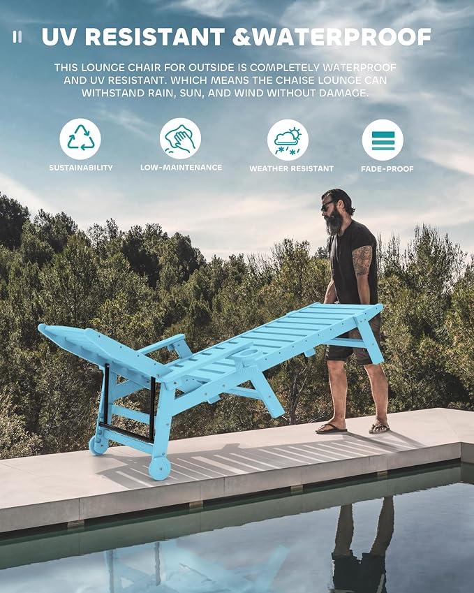 SERWALL Patio Chaise Lounge Chair, Poly Lounge Chair - Image 7