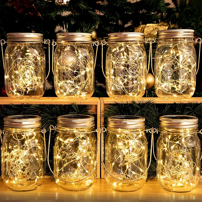 HXWEIYE 8 Pack Solar Mason Jar Lights Lanterns, Jars & Hangers Included，30LED by LightUpYourHomewHXWEIYE