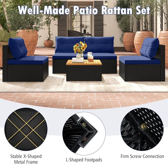 Tangkula 5 Piece Rattan Sofa Set, Outdoor Wicker Furniture Set w/Seat & Back - Image 7