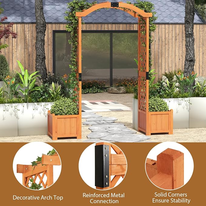 Giantex Garden Arbor with Planter Boxes, Wooden Arch with Trellis and Raised - Image 8
