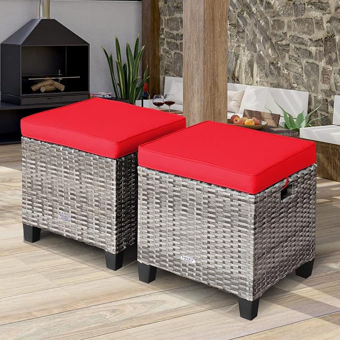 Tangkula 2 Pieces Patio Rattan Ottomans, Outdoor Wicker Footstool Footrest Seat - Image 2