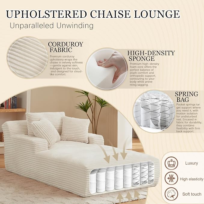 80 Inch Chaise Lounge Chair Indoor, Oversized Corduroy Upholstered Boneless - Image 3