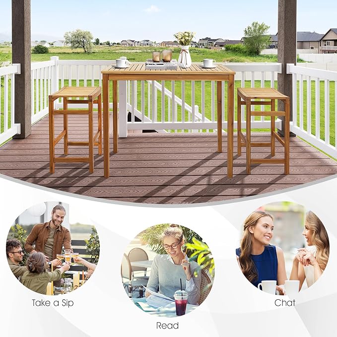 Tangkula 5 Piece Outdoor Acacia Wood Bar Table Set, Space-Saving Patio Dining - Image 9
