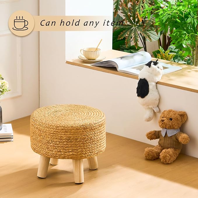 Handwoven Round Ottoman, Natural Water Hyacinth Outdoor Patio Pouf Seagrass Low - Image 5