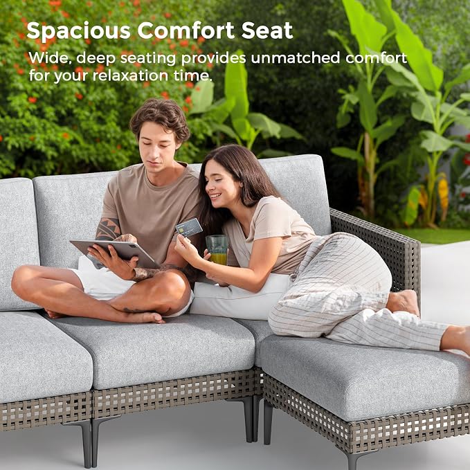 5 Pieces Outdoor Patio Conversation Set – Rattan L-Shaped Corner Sofa - Image 3