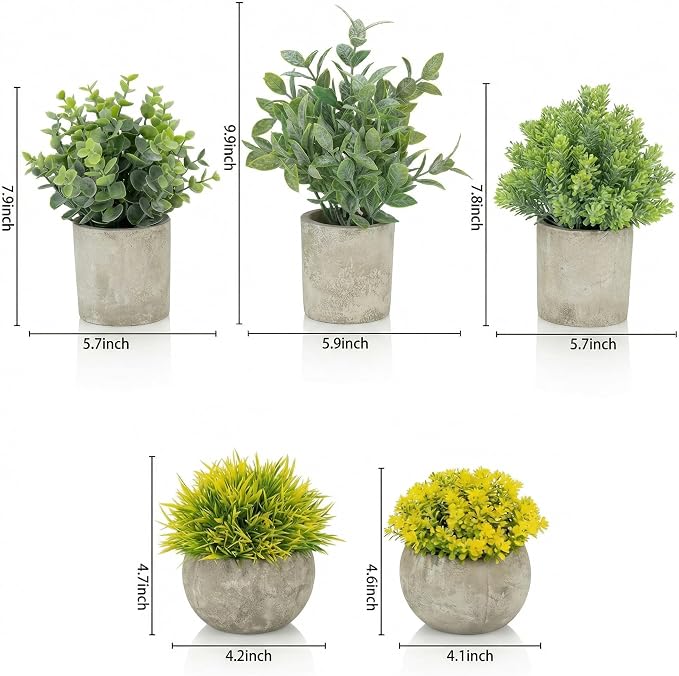 Fake Plants, 5 Pack Artificial Eucalyptus & Greenery in Cement Pots - Image 5