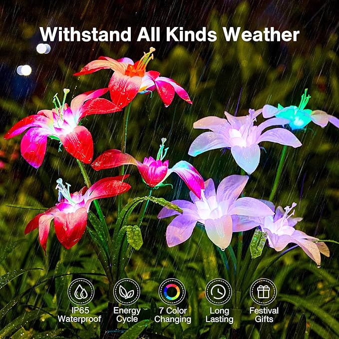 Solar Garden Lights Outdoor, 4 Pack Blooming Lily Solar Flowers Outdoor - Image 4