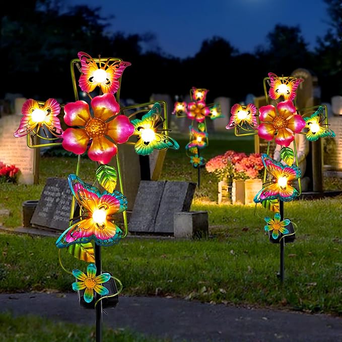 Solar Butterfly Cross Garden Stake Light, Metal Cross Cemetery Decorations - Image 7
