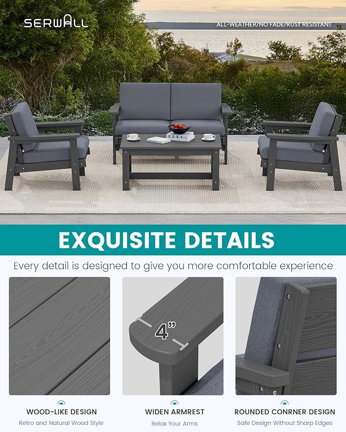 SERWALL 4 Piece HDPE Outdoor Furniture Set, All Weather Wood-Like Outdoor Sofa - Image 4
