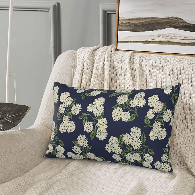 Navy Blue Spring Pillow Covers 12x20 Inch 2 Pcs Green Yellow Hydrangea Flower - Image 4