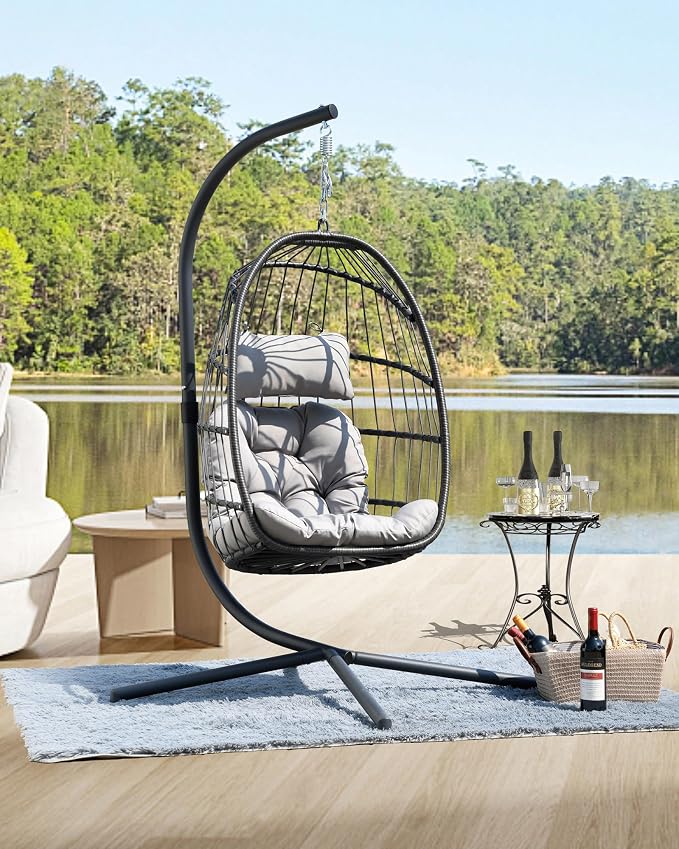 HWB Hanging Egg Chair with Stand, Patio Wicker Egg Swing Chair with Cushion - Image 8