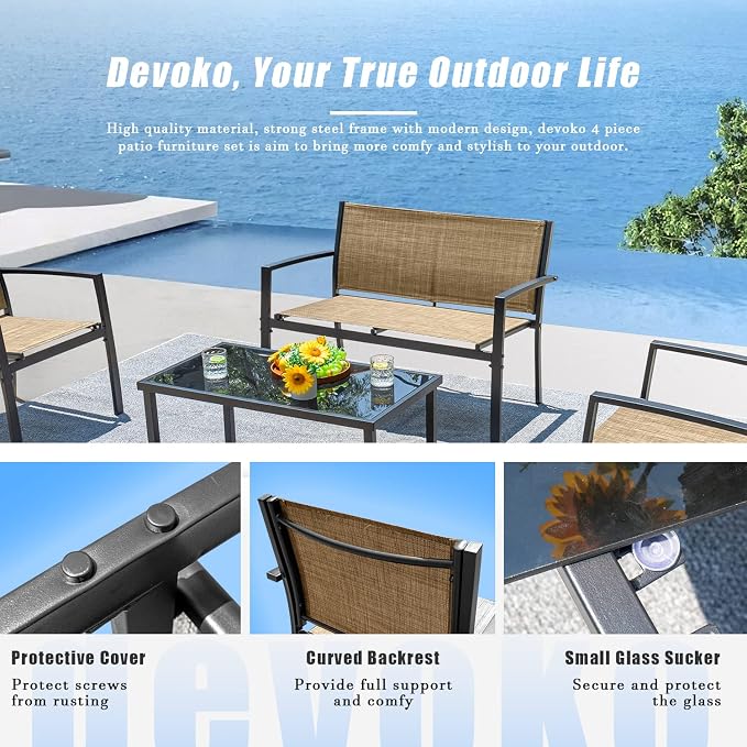Devoko 4 Pieces Patio Furniture Set Outdoor Garden Patio Conversation Sets - Image 5