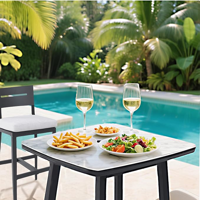 Modern 35.4'' Rounded Square Outdoor Bar Table, Greek White Marble-Inspired - Image 9