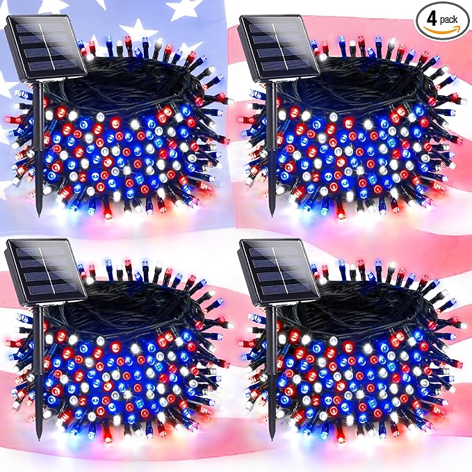 4 Pack Red White and Blue Solar String Lights, 320LED 180FT 4th of July by SANJICHA