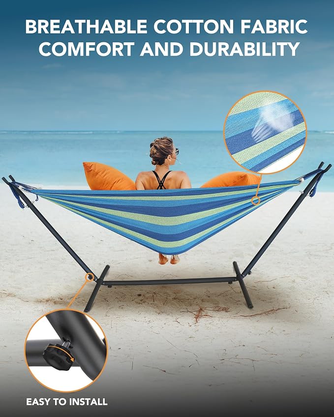 Double Hammock with Space-Saving Steel Stand, 2 Person Heavy-Duty Hammock - Image 5