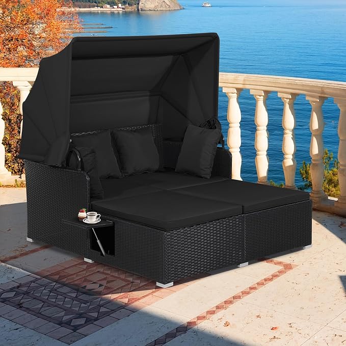 Moccha Outdoor Daybed with Retractable Canopy, Wicker Cabana with 2 Side Tables - Image 2